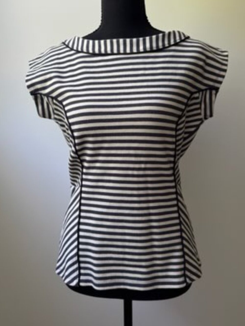 Ann Taylor Striped Cap Sleeve Knit Top Navy Cream Exposed Zipper Size S Small